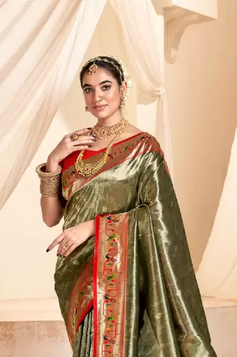 Kimisha women's olive tissue silk paithani saree with unstitched blouse piece