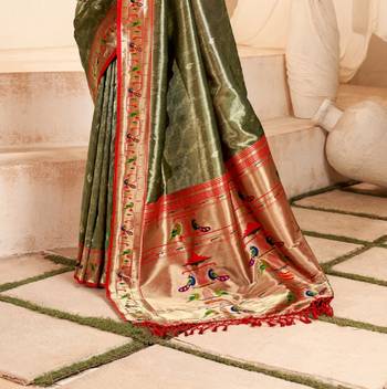 Kimisha women's olive tissue silk blend paithani saree with unstitched blouse piece 5