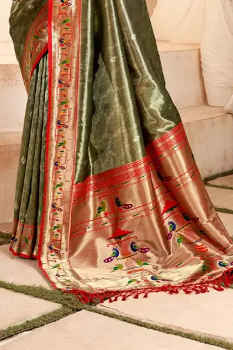 Kimisha women's olive tissue silk paithani saree with unstitched blouse piece
