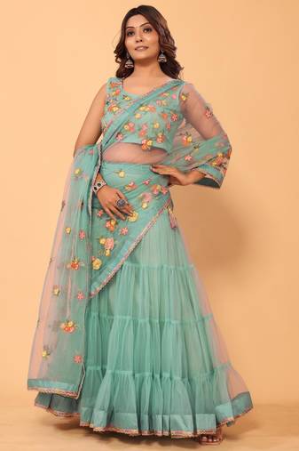 Beautiful & Gorgeous Ready To Wear Lehenga Net Embroidery Lace Saree With Floral Embroidery Stitched Blouse 