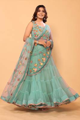 ready to wear beautiful & gorgeous lehenga net embroidery lace saree with floral embroidery stitched blouse 2