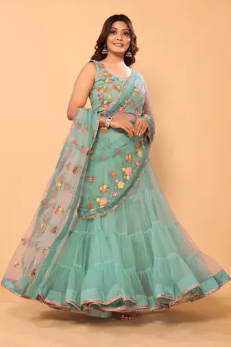 pre-stitched beautiful & gorgeous lehenga net embroidery lace saree with floral embroidery stitched blouse