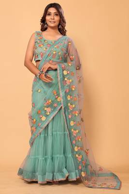 ready to wear beautiful & gorgeous lehenga net embroidery lace saree with floral embroidery stitched blouse 3
