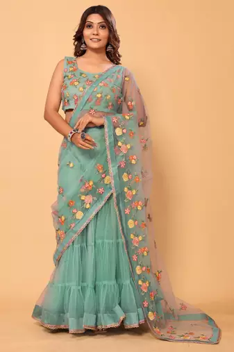 pre-stitched beautiful & gorgeous lehenga net embroidery lace saree with floral embroidery stitched blouse
