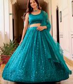 teal green sequins net lehenga set choli with dupatta with dupatta