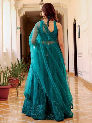 teal green sequins net lehenga set choli with dupatta with dupatta 2