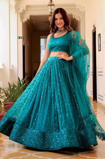 teal green sequins net lehenga set choli with dupatta with dupatta
