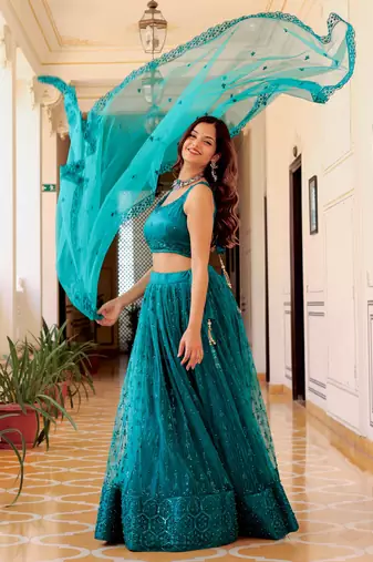 teal green sequins net lehenga set choli with dupatta with dupatta