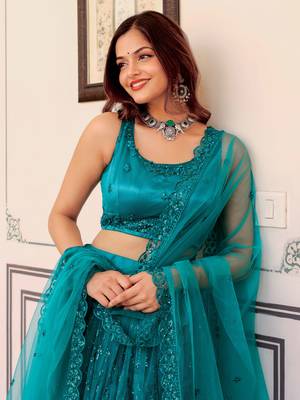 teal green sequins net lehenga set choli with dupatta with dupatta 5