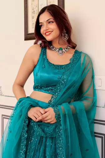 teal green sequins net lehenga set choli with dupatta with dupatta