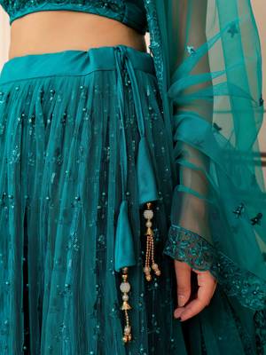 teal green sequins net lehenga set choli with dupatta with dupatta 7