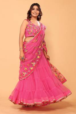 ready to wear beautiful & gorgeous lehenga net embroidery lace saree with floral embroidery stitched blouse 1