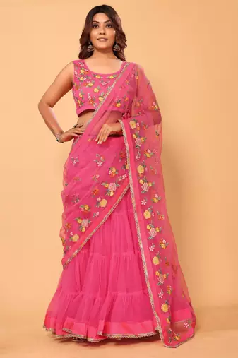 ready to wear beautiful & gorgeous lehenga net embroidery lace saree with floral embroidery stitched blouse