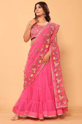 ready to wear beautiful & gorgeous lehenga net embroidery lace saree with floral embroidery stitched blouse 3