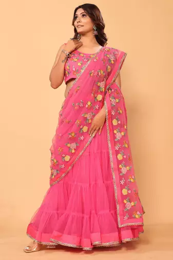 ready to wear beautiful & gorgeous lehenga net embroidery lace saree with floral embroidery stitched blouse