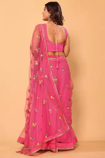 ready to wear beautiful & gorgeous lehenga net embroidery lace saree with floral embroidery stitched blouse