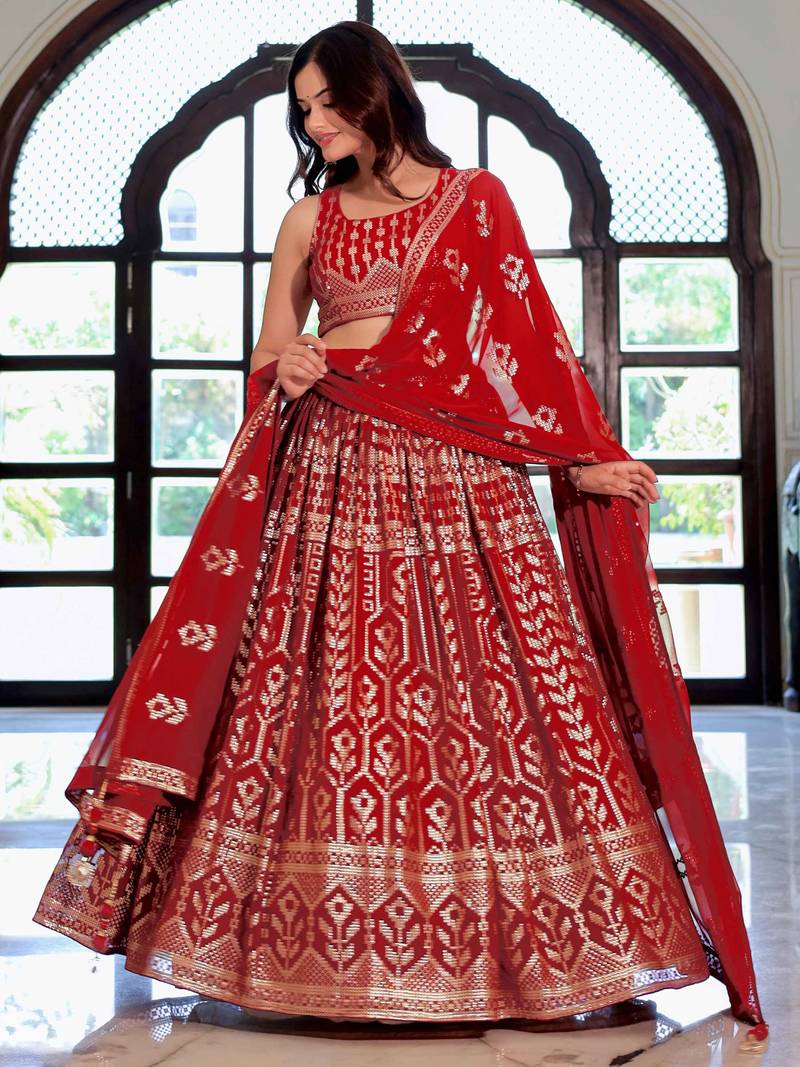 Beautiful Maroon Sequins Georgette Wedding Wear Lehenga Choli With Dupatta