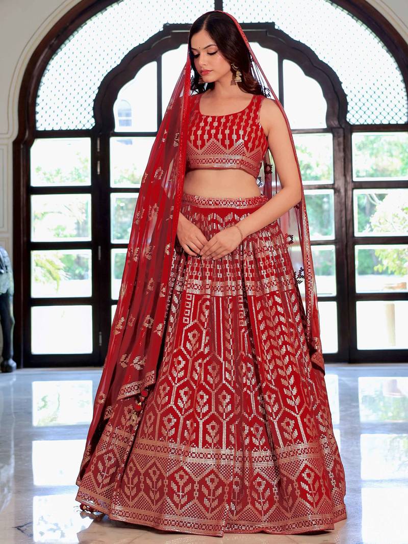 Beautiful Maroon Sequins Georgette Wedding Wear Lehenga Choli With Dupatta