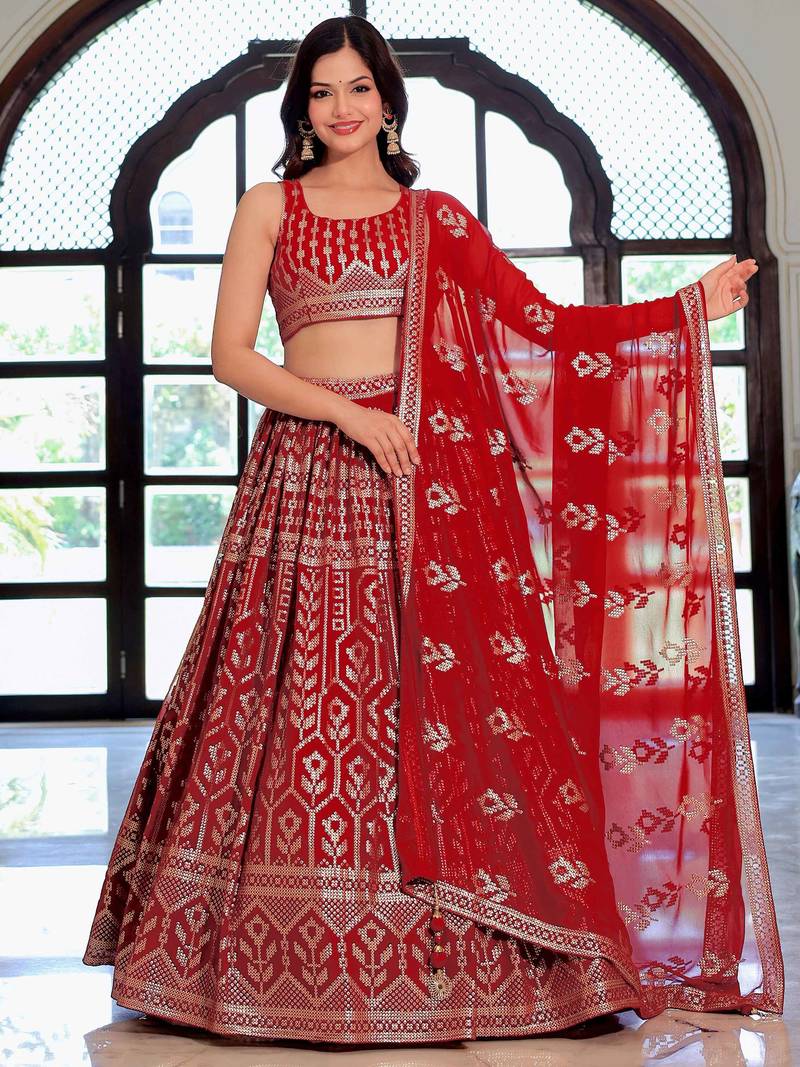 Beautiful Maroon Sequins Georgette Wedding Wear Lehenga Choli With Dupatta