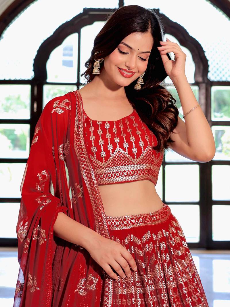 Beautiful Maroon Sequins Georgette Wedding Wear Lehenga Choli With Dupatta