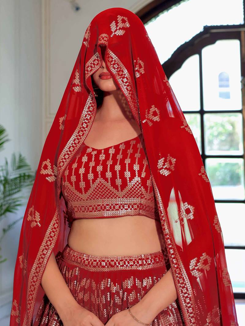 Beautiful Maroon Sequins Georgette Wedding Wear Lehenga Choli With Dupatta