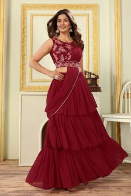 designer ruffle work georgette pre draped maroon lehenga style saree with stitched blouse and waist belt- free size 1