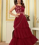 Designer Ruffle Work Georgette Ready To Wear Maroon Lehenga Style Saree With Stitched Blouse And Waist Belt- Free Size