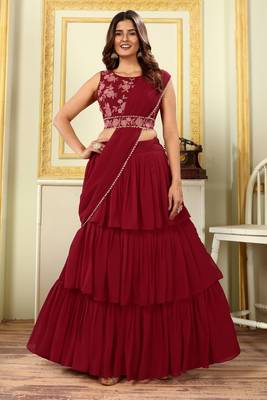 designer ruffle work georgette pre draped maroon lehenga style saree with stitched blouse and waist belt- free size 2