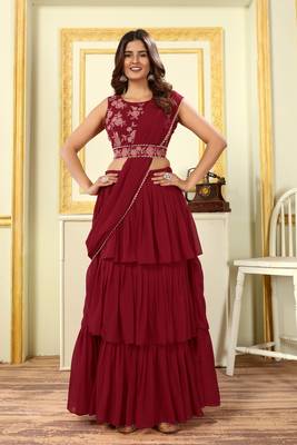 designer ruffle work georgette pre draped maroon lehenga style saree with stitched blouse and waist belt- free size 3
