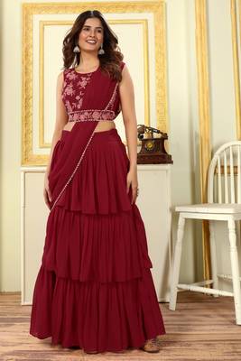 designer ruffle work georgette pre draped maroon lehenga style saree with stitched blouse and waist belt- free size 4