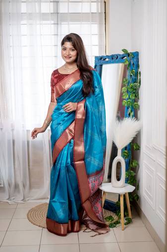 Firozi Silk Blend Printed Saree Festive Wear