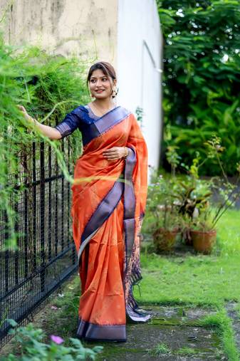 Orange Silk Blend Printed Saree Festive Wear