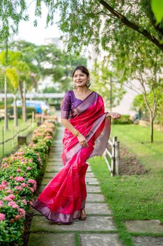 Pink Silk Blend Printed Saree Festive Wear