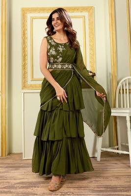 Designer Ruffle Work Georgette Ready To Wear Green Lehenga Style Saree With Stitched Blouse And Waist Belt-Free Size 1
