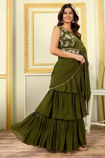 Designer Ruffle Work Georgette Ready To Wear Green Lehenga Style Saree With Stitched Blouse And Waist Belt-Free Size