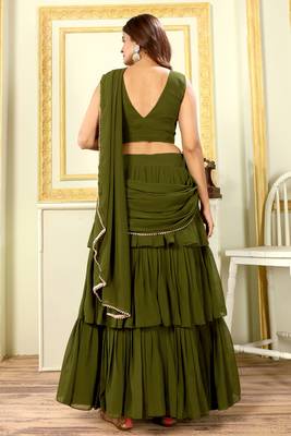 Designer Ruffle Work Georgette Ready To Wear Green Lehenga Style Saree With Stitched Blouse And Waist Belt-Free Size 3