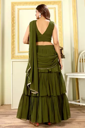 Designer Ruffle Work Georgette Ready To Wear Green Lehenga Style Saree With Stitched Blouse And Waist Belt-Free Size