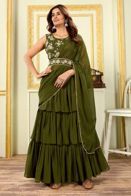 Designer Ruffle Work Georgette Ready To Wear Green Lehenga Style Saree With Stitched Blouse And Waist Belt-Free Size 5