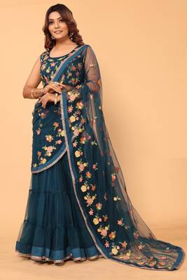 ready to wear beautiful & gorgeous lehenga net embroidery lace saree with floral embroidery stitched blouse- free size 1