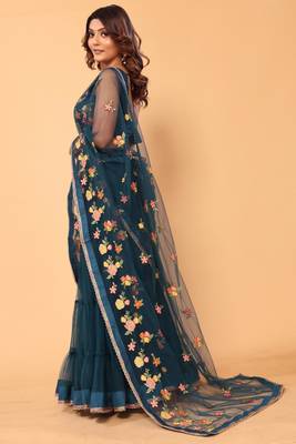 ready to wear beautiful & gorgeous lehenga net embroidery lace saree with floral embroidery stitched blouse- free size 2