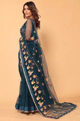 ready made beautiful & gorgeous lehenga net embroidery lace saree with floral embroidery stitched blouse- free size