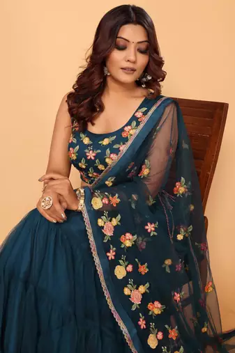 ready made beautiful & gorgeous lehenga net embroidery lace saree with floral embroidery stitched blouse- free size