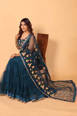 ready to wear beautiful & gorgeous lehenga net embroidery lace saree with floral embroidery stitched blouse- free size 5