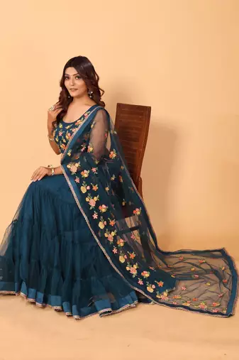 ready made beautiful & gorgeous lehenga net embroidery lace saree with floral embroidery stitched blouse- free size