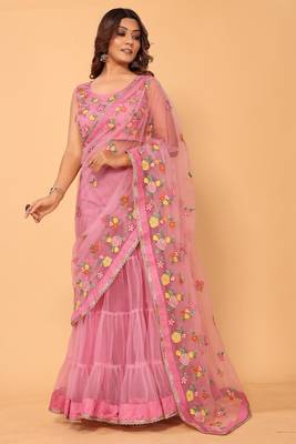 ready to wear beautiful & gorgeous lehenga net embroidery lace saree with floral embroidery stitched blouse 1