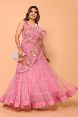 ready to wear beautiful & gorgeous lehenga net embroidery lace saree with floral embroidery stitched blouse 2