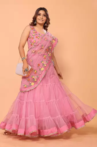 pre-stitched beautiful & gorgeous lehenga net embroidery lace saree with floral embroidery stitched blouse