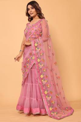 ready to wear beautiful & gorgeous lehenga net embroidery lace saree with floral embroidery stitched blouse 3