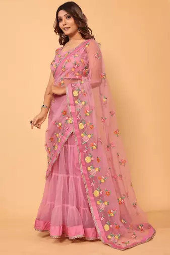 pre-stitched beautiful & gorgeous lehenga net embroidery lace saree with floral embroidery stitched blouse