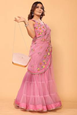 ready to wear beautiful & gorgeous lehenga net embroidery lace saree with floral embroidery stitched blouse 4